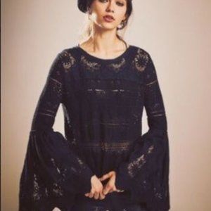 FREE PEOPLE Black Once Upon a Time Linen Blend Knit Bell Sleeve Top XS